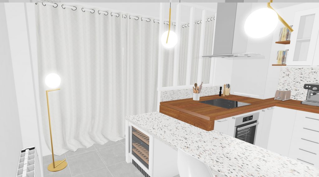 Aménagement d'une cuisine entrée 2 en 1 style rétro-chic avec verrière et terrazzo !